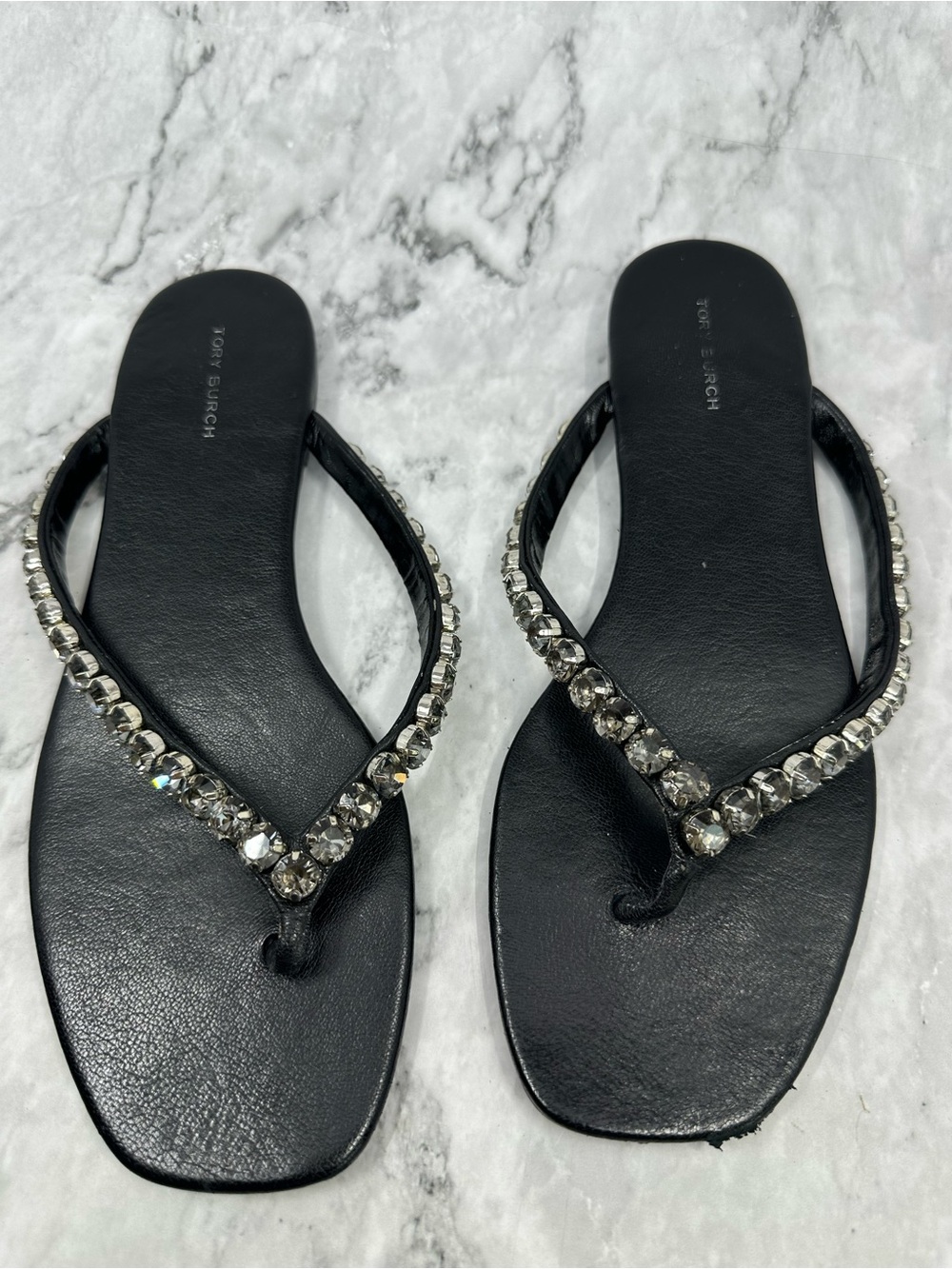 Tory Burch Black Crystal-Embellished Thong Sandals